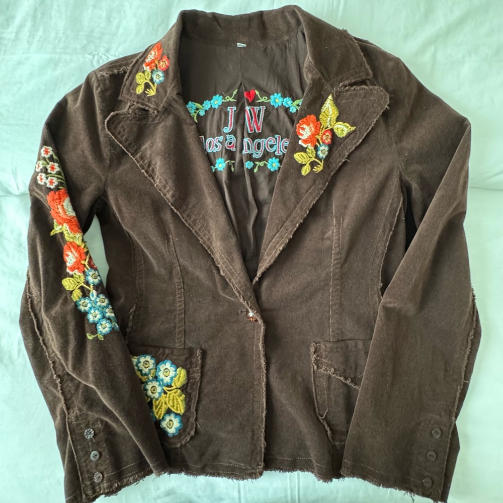 Johnny Was Floral & Bird Embroidered Corduroy Blazer in Brown Size XL Vtg